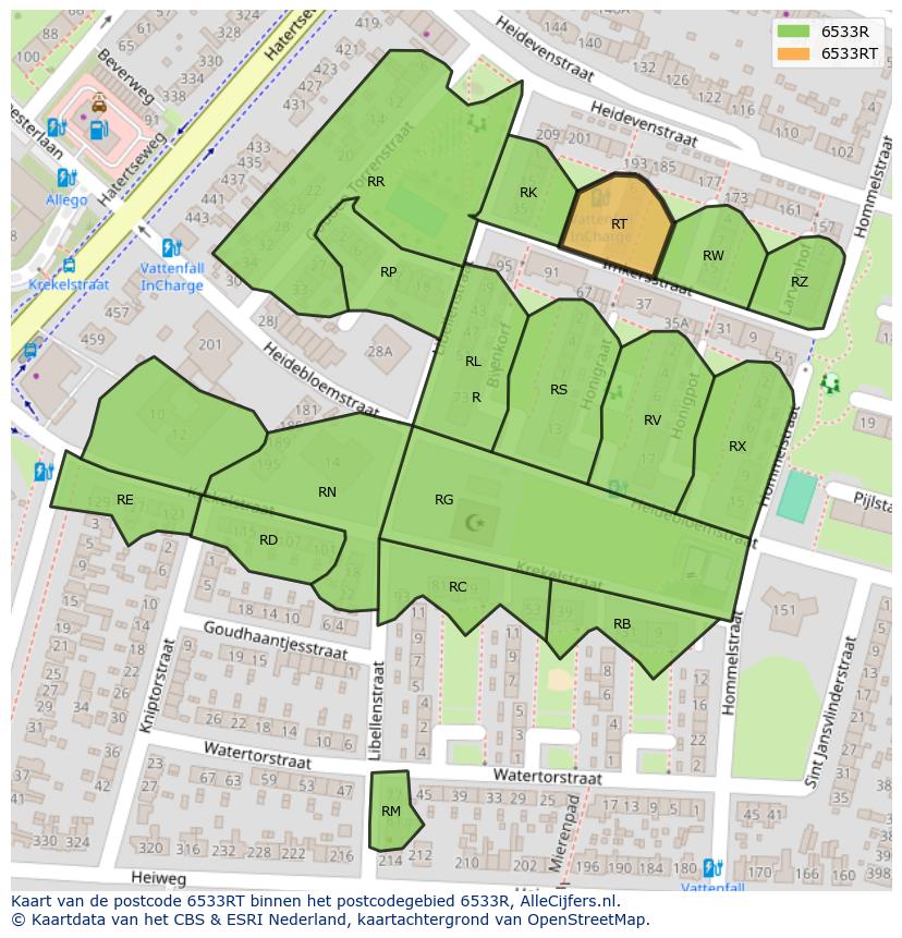Afbeelding van het postcodegebied 6533 RT op de kaart.