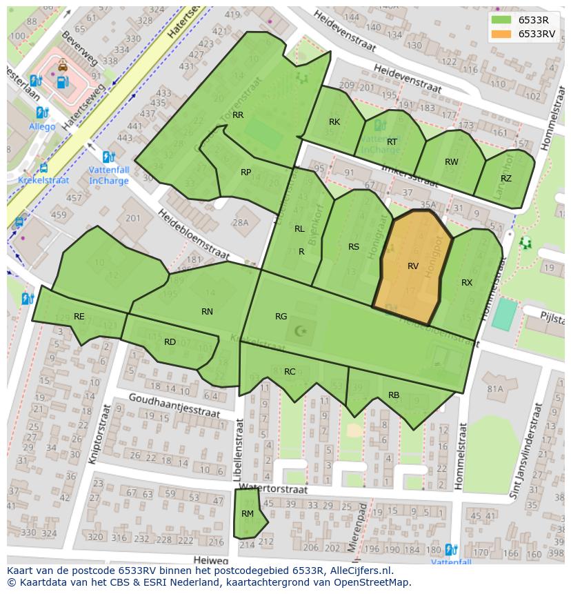 Afbeelding van het postcodegebied 6533 RV op de kaart.
