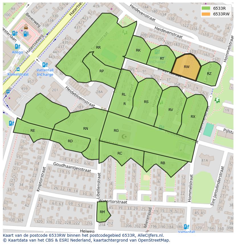 Afbeelding van het postcodegebied 6533 RW op de kaart.