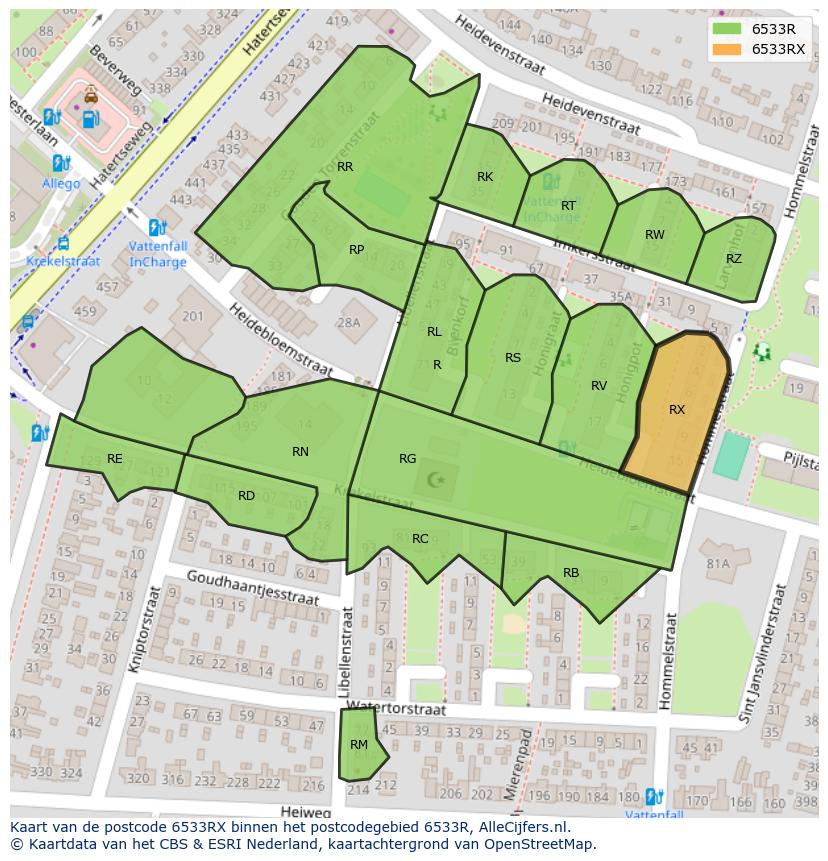 Afbeelding van het postcodegebied 6533 RX op de kaart.