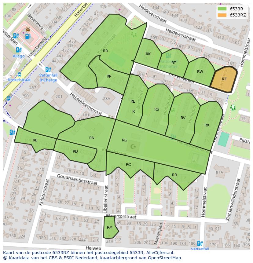 Afbeelding van het postcodegebied 6533 RZ op de kaart.