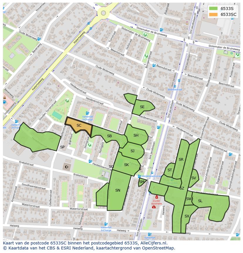 Afbeelding van het postcodegebied 6533 SC op de kaart.