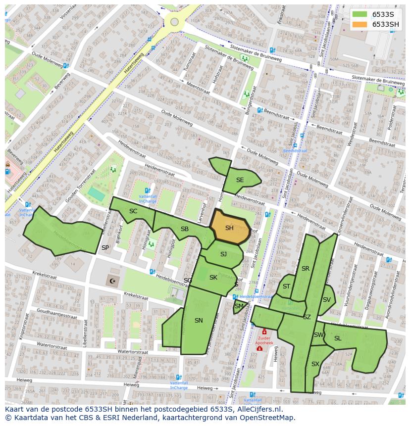 Afbeelding van het postcodegebied 6533 SH op de kaart.
