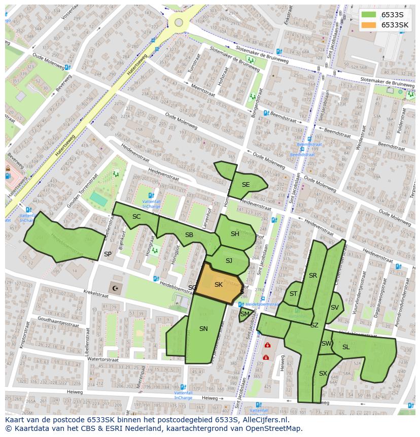 Afbeelding van het postcodegebied 6533 SK op de kaart.