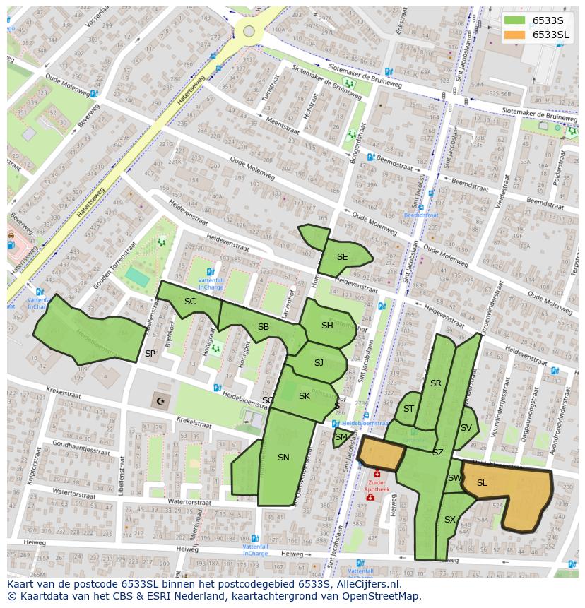 Afbeelding van het postcodegebied 6533 SL op de kaart.