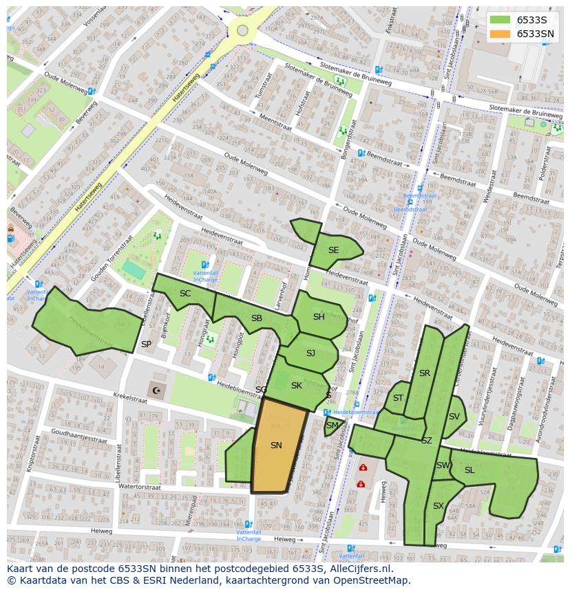 Afbeelding van het postcodegebied 6533 SN op de kaart.