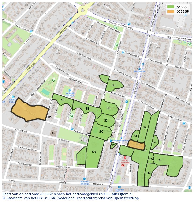 Afbeelding van het postcodegebied 6533 SP op de kaart.