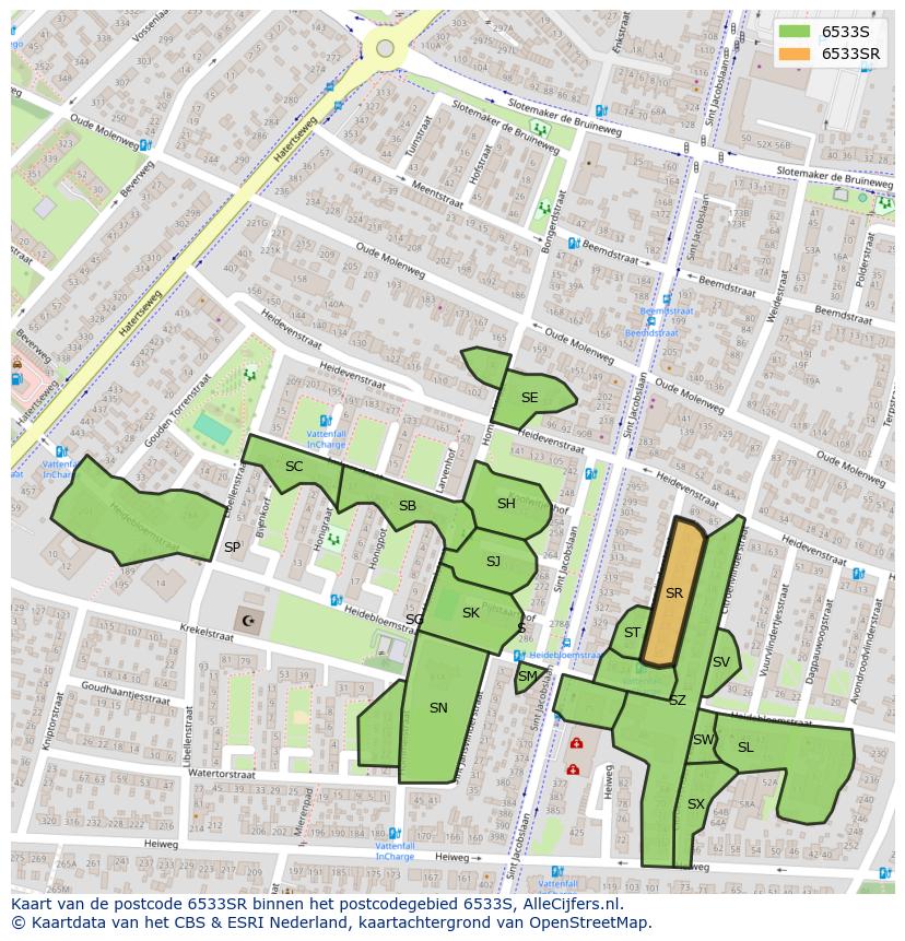 Afbeelding van het postcodegebied 6533 SR op de kaart.