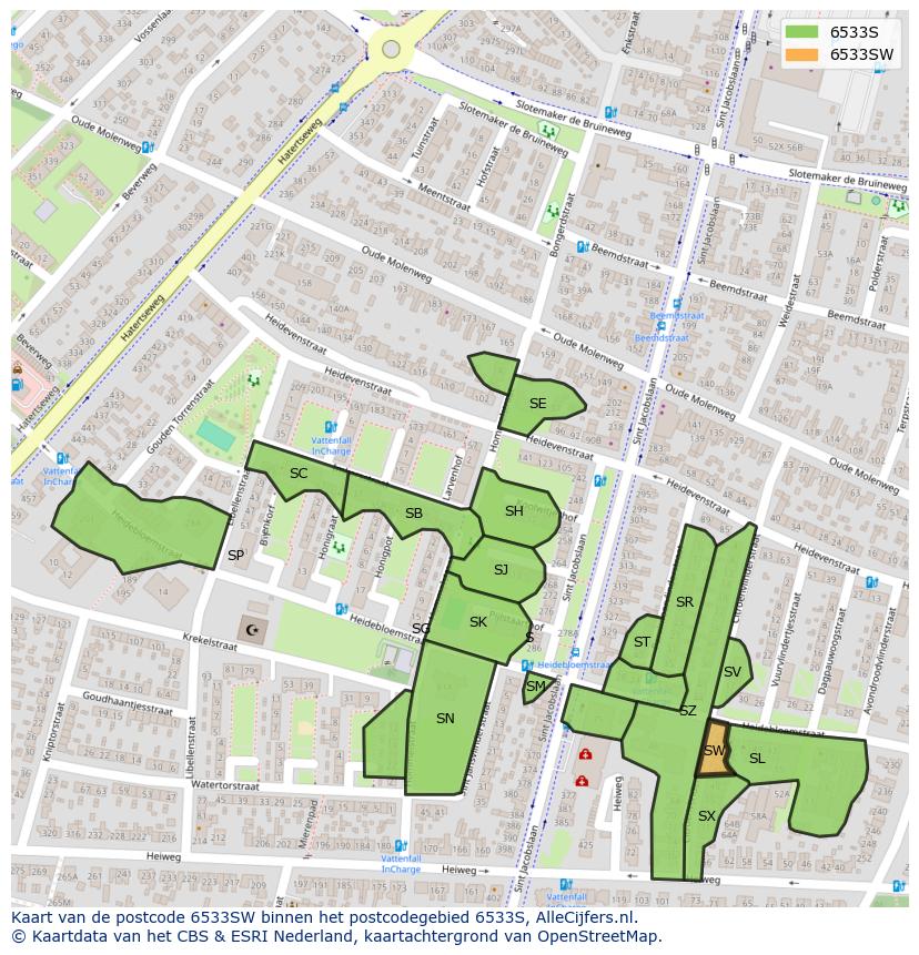 Afbeelding van het postcodegebied 6533 SW op de kaart.