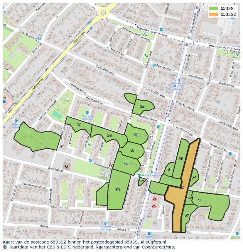 Afbeelding van het postcodegebied 6533 SZ op de kaart.