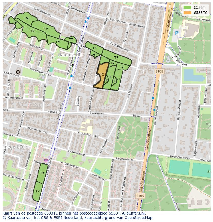 Afbeelding van het postcodegebied 6533 TC op de kaart.