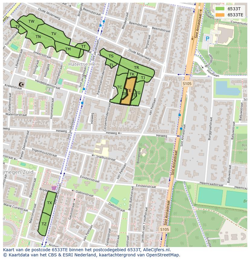 Afbeelding van het postcodegebied 6533 TE op de kaart.