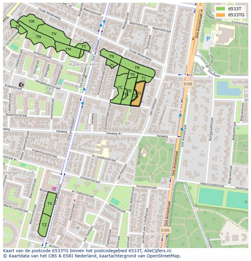 Afbeelding van het postcodegebied 6533 TG op de kaart.