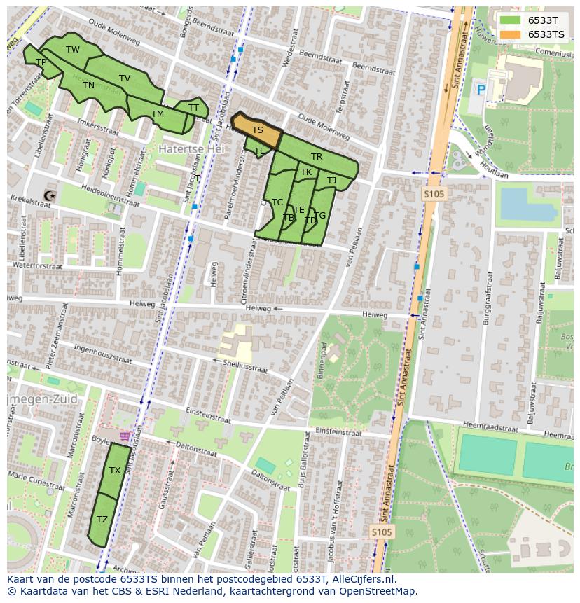 Afbeelding van het postcodegebied 6533 TS op de kaart.