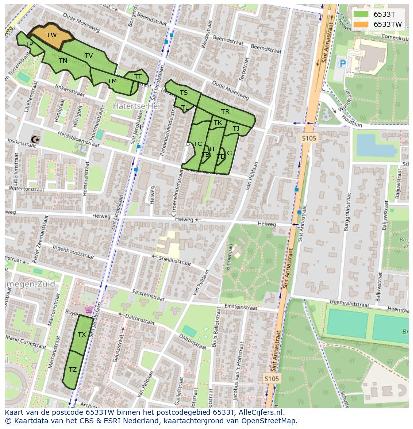Afbeelding van het postcodegebied 6533 TW op de kaart.