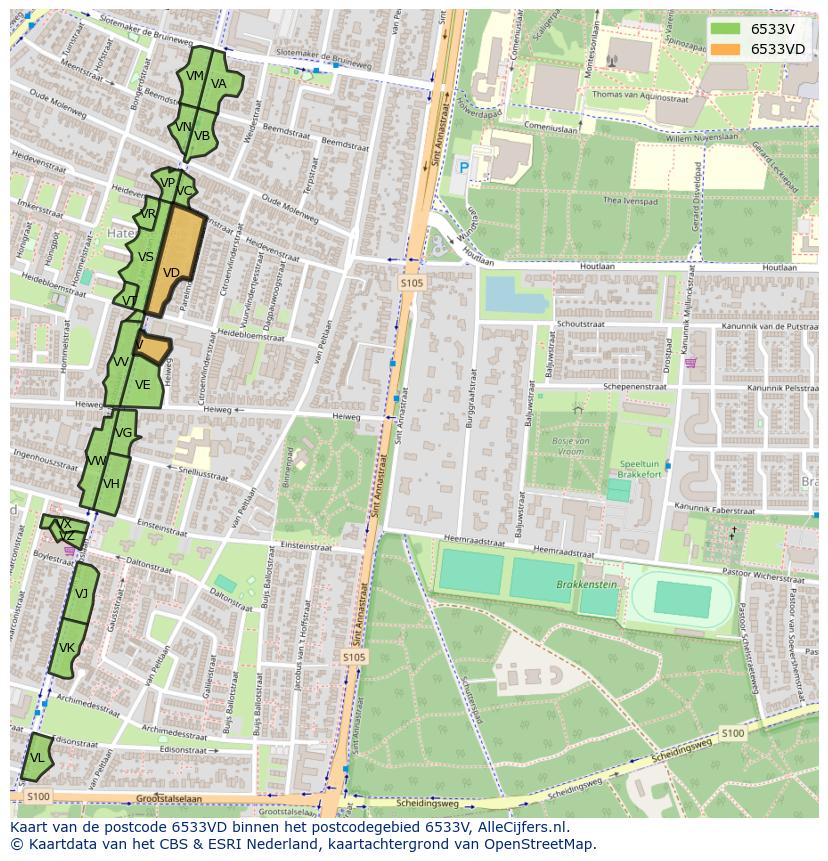 Afbeelding van het postcodegebied 6533 VD op de kaart.