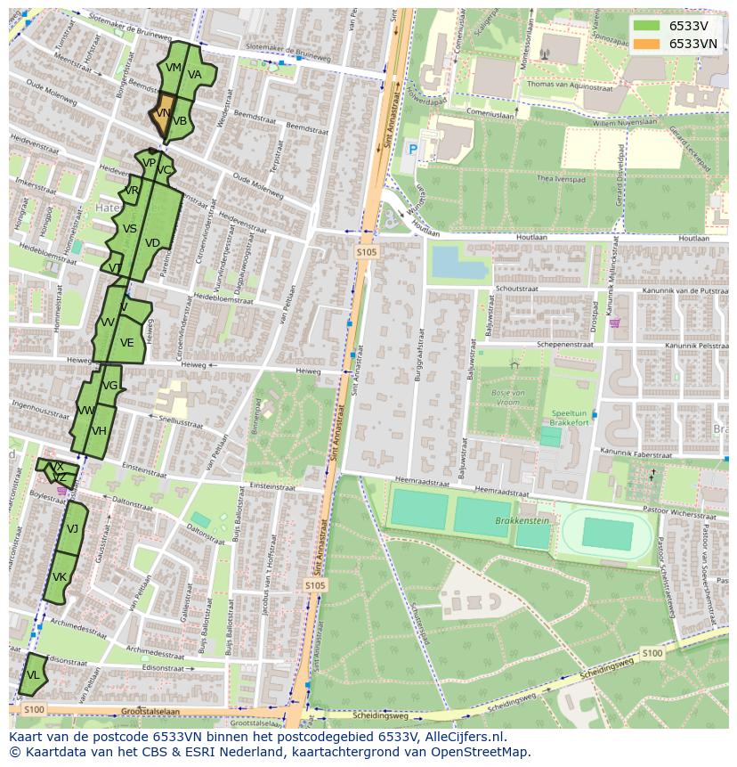 Afbeelding van het postcodegebied 6533 VN op de kaart.