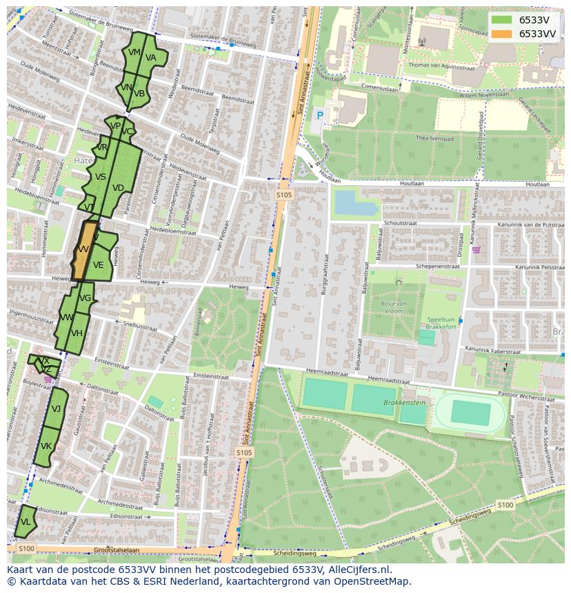 Afbeelding van het postcodegebied 6533 VV op de kaart.