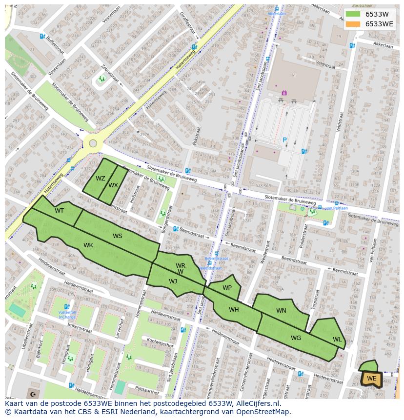 Afbeelding van het postcodegebied 6533 WE op de kaart.