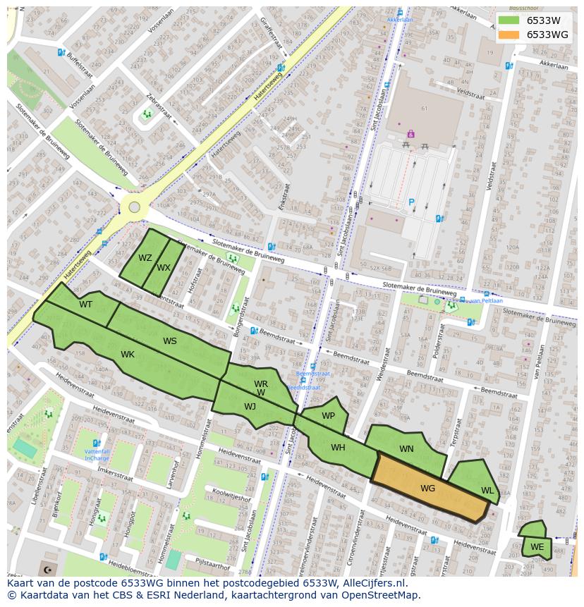 Afbeelding van het postcodegebied 6533 WG op de kaart.