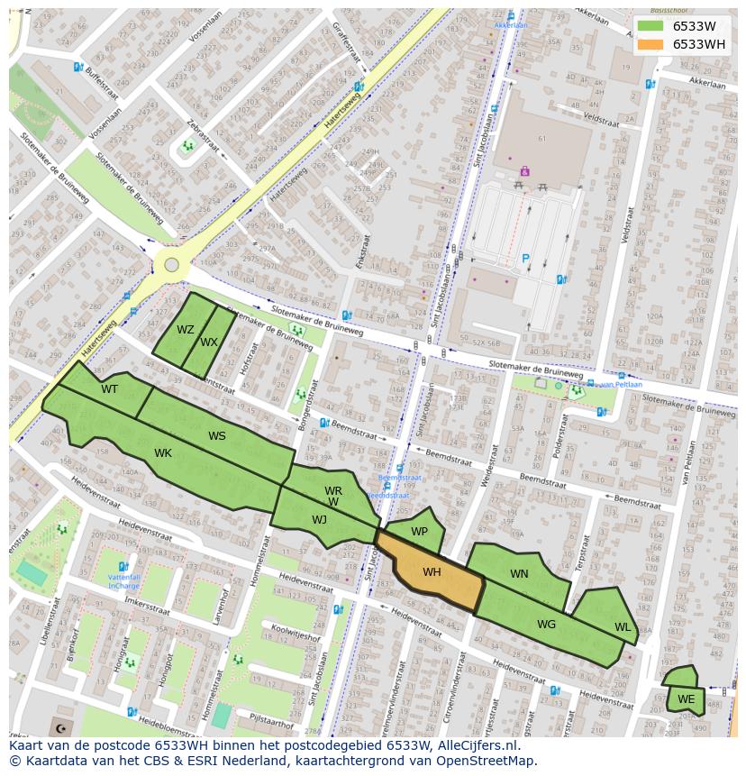 Afbeelding van het postcodegebied 6533 WH op de kaart.