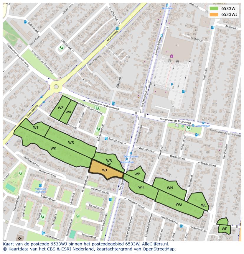 Afbeelding van het postcodegebied 6533 WJ op de kaart.