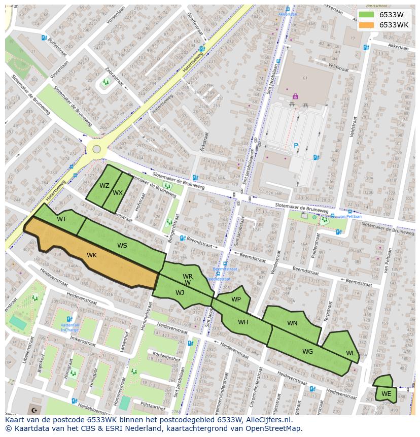 Afbeelding van het postcodegebied 6533 WK op de kaart.