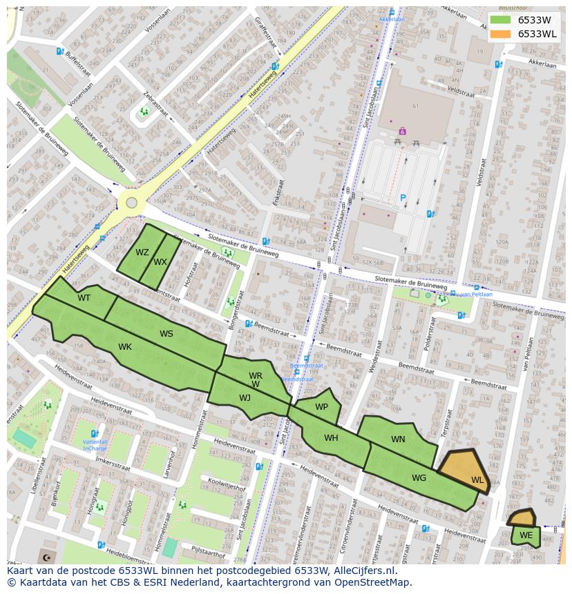 Afbeelding van het postcodegebied 6533 WL op de kaart.