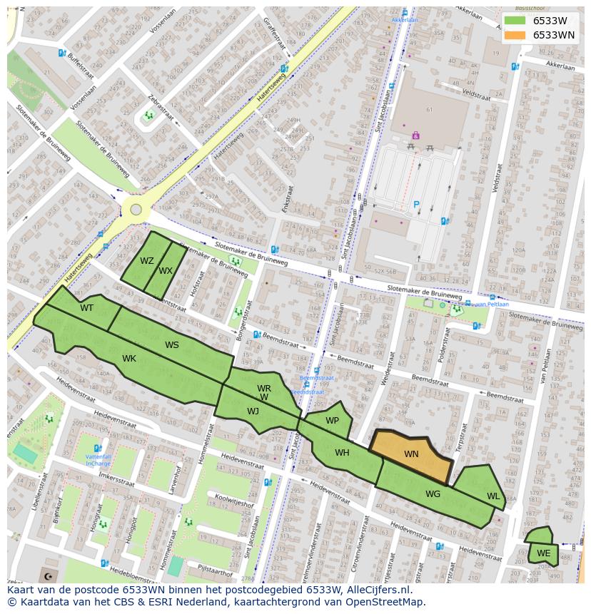 Afbeelding van het postcodegebied 6533 WN op de kaart.
