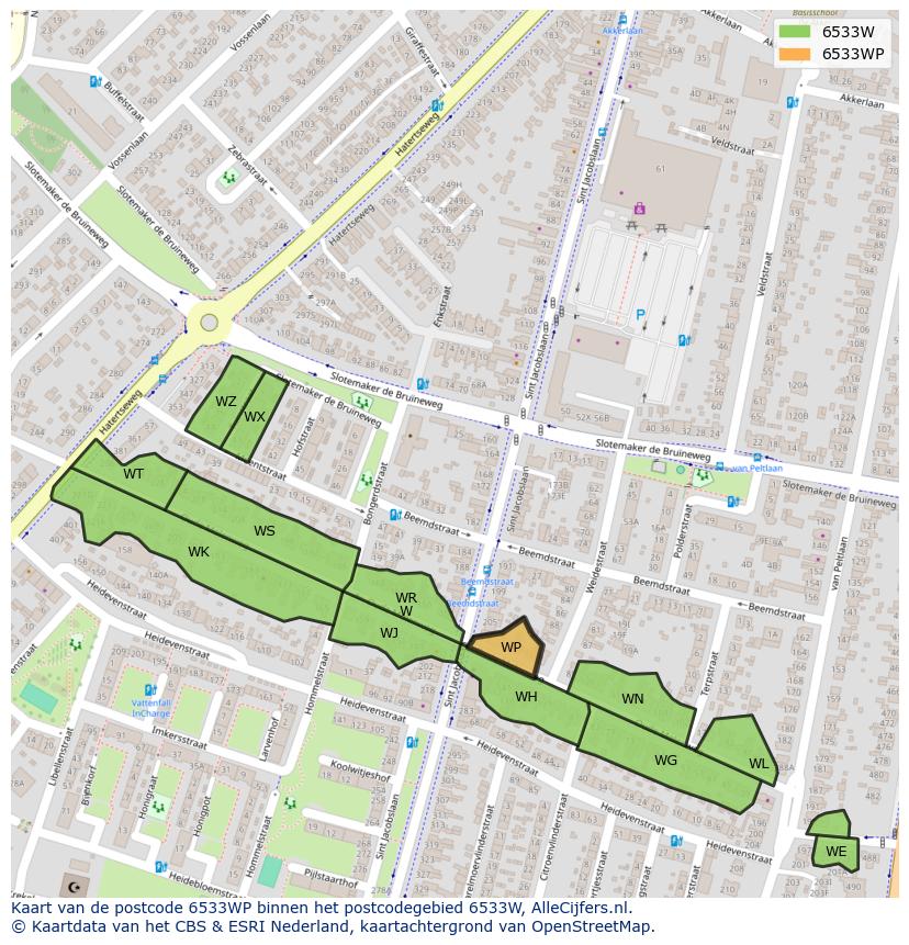 Afbeelding van het postcodegebied 6533 WP op de kaart.