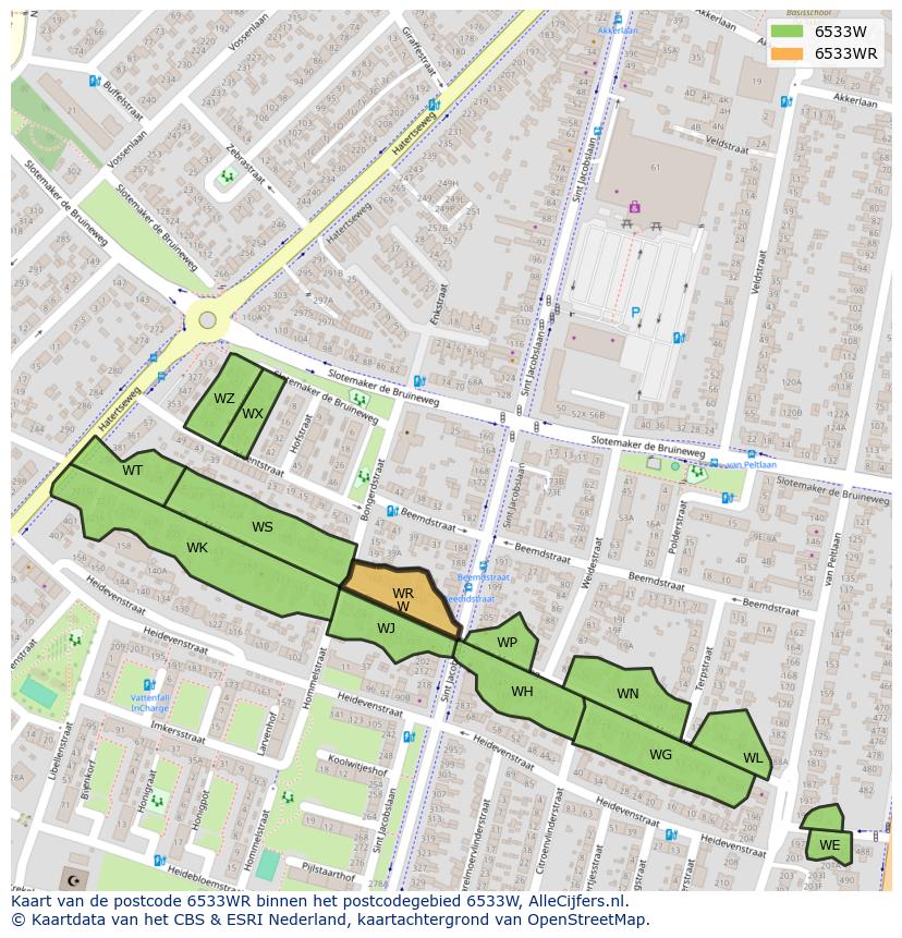 Afbeelding van het postcodegebied 6533 WR op de kaart.