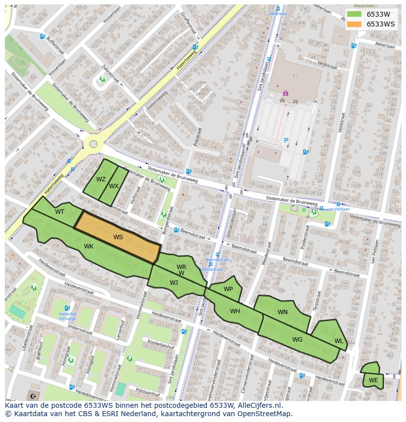Afbeelding van het postcodegebied 6533 WS op de kaart.
