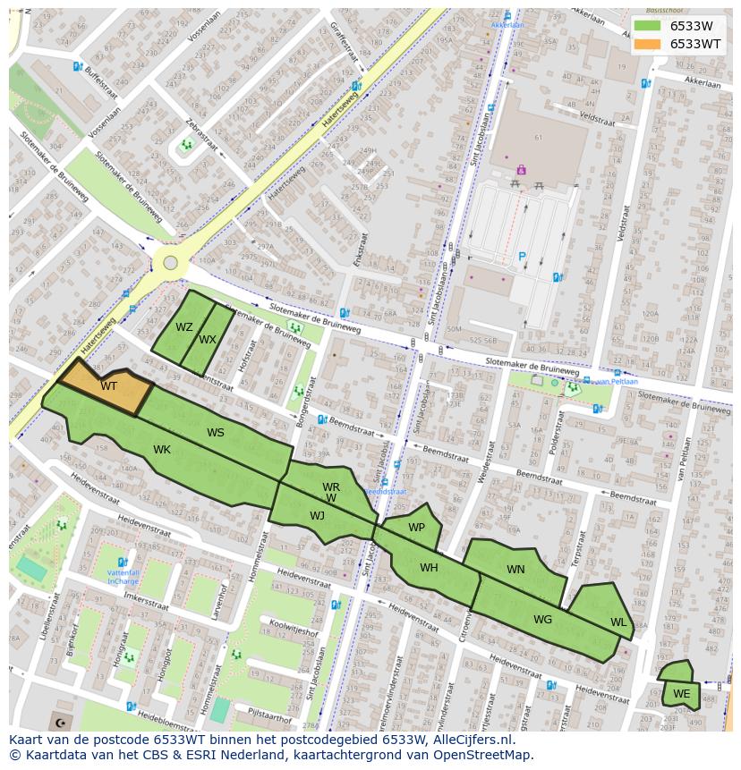 Afbeelding van het postcodegebied 6533 WT op de kaart.