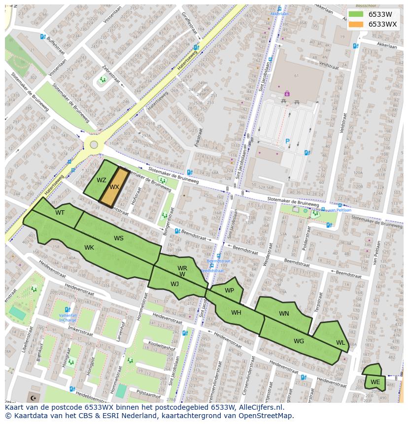 Afbeelding van het postcodegebied 6533 WX op de kaart.