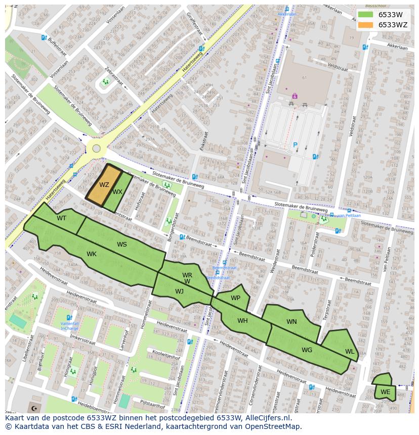 Afbeelding van het postcodegebied 6533 WZ op de kaart.