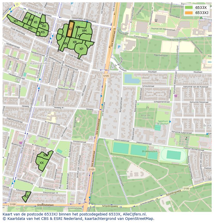 Afbeelding van het postcodegebied 6533 XJ op de kaart.