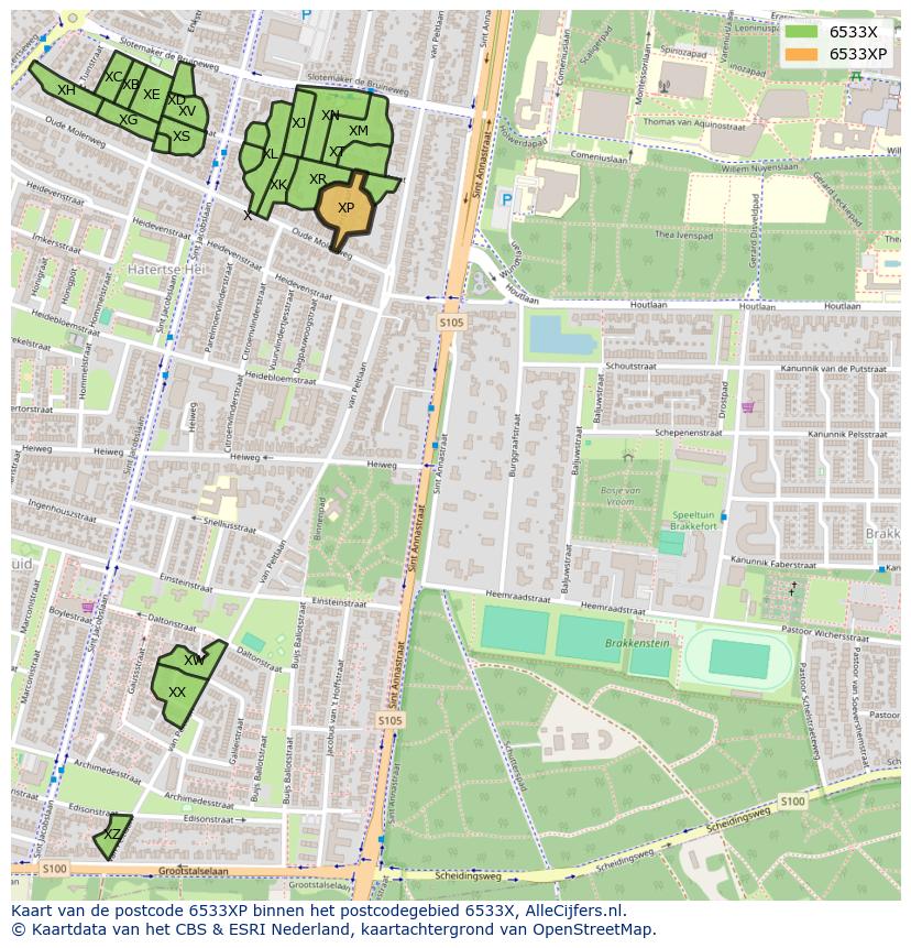 Afbeelding van het postcodegebied 6533 XP op de kaart.