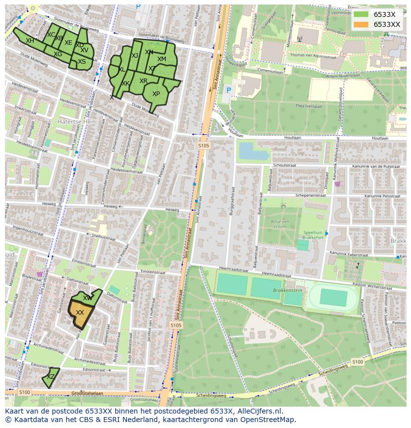 Afbeelding van het postcodegebied 6533 XX op de kaart.
