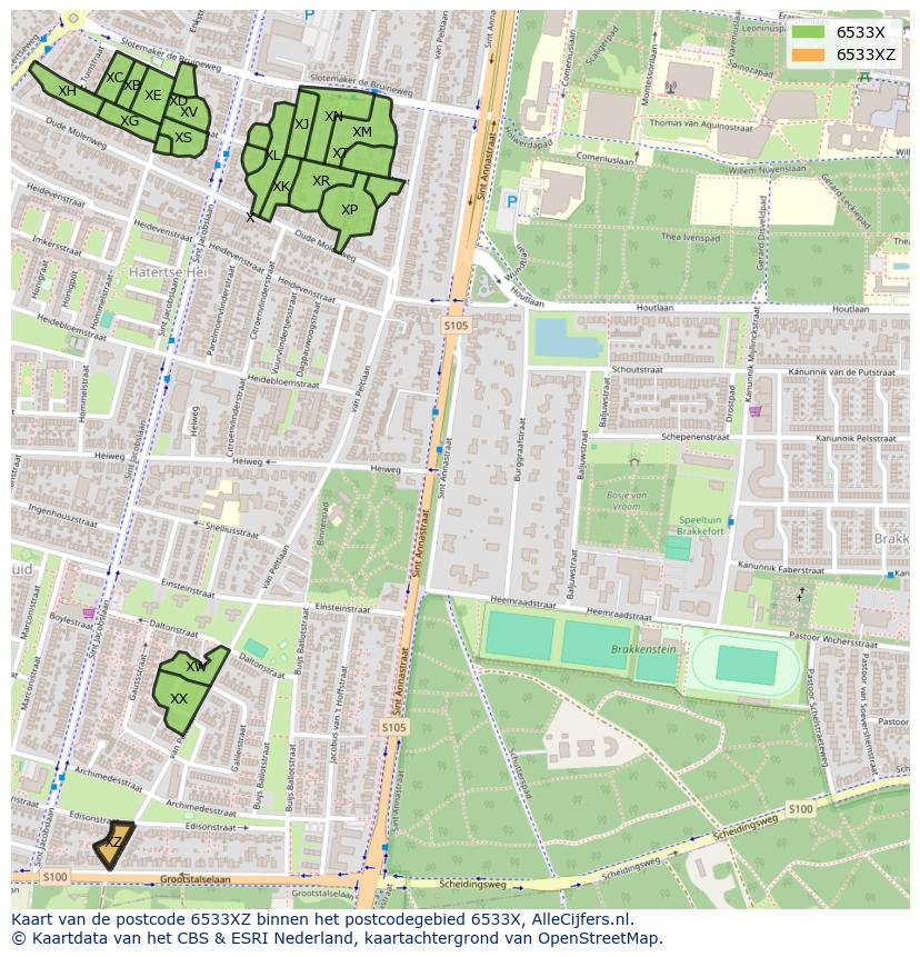 Afbeelding van het postcodegebied 6533 XZ op de kaart.