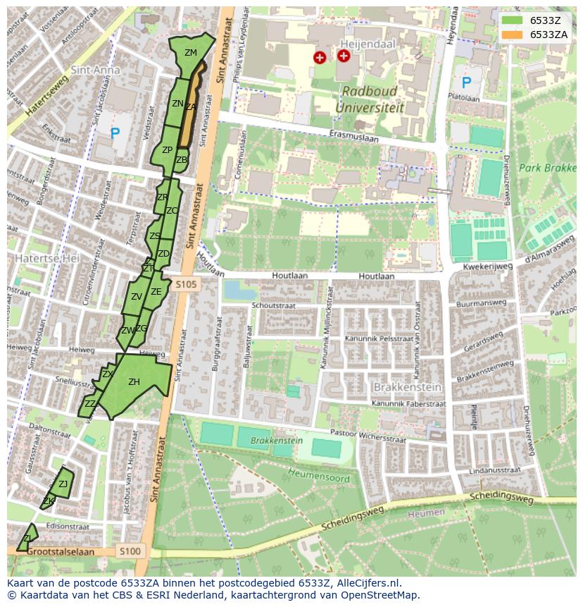 Afbeelding van het postcodegebied 6533 ZA op de kaart.