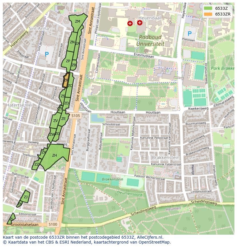 Afbeelding van het postcodegebied 6533 ZR op de kaart.