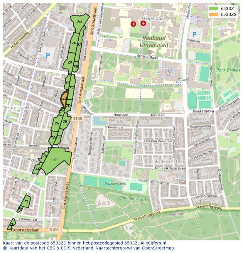 Afbeelding van het postcodegebied 6533 ZS op de kaart.