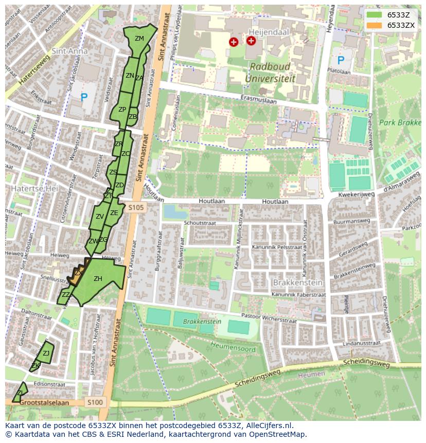 Afbeelding van het postcodegebied 6533 ZX op de kaart.