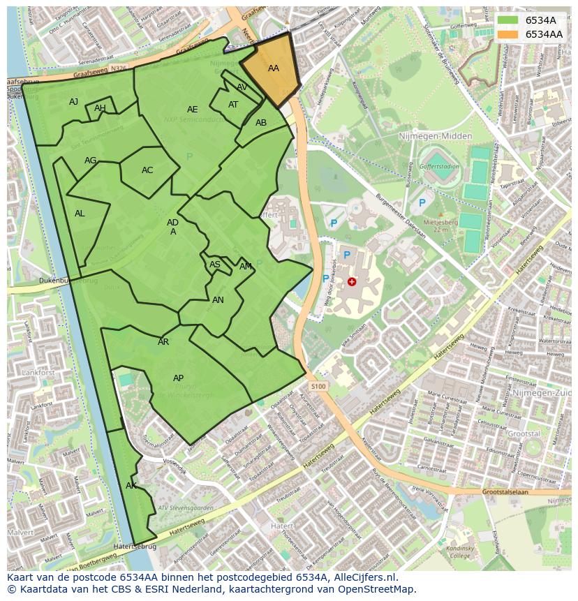 Afbeelding van het postcodegebied 6534 AA op de kaart.