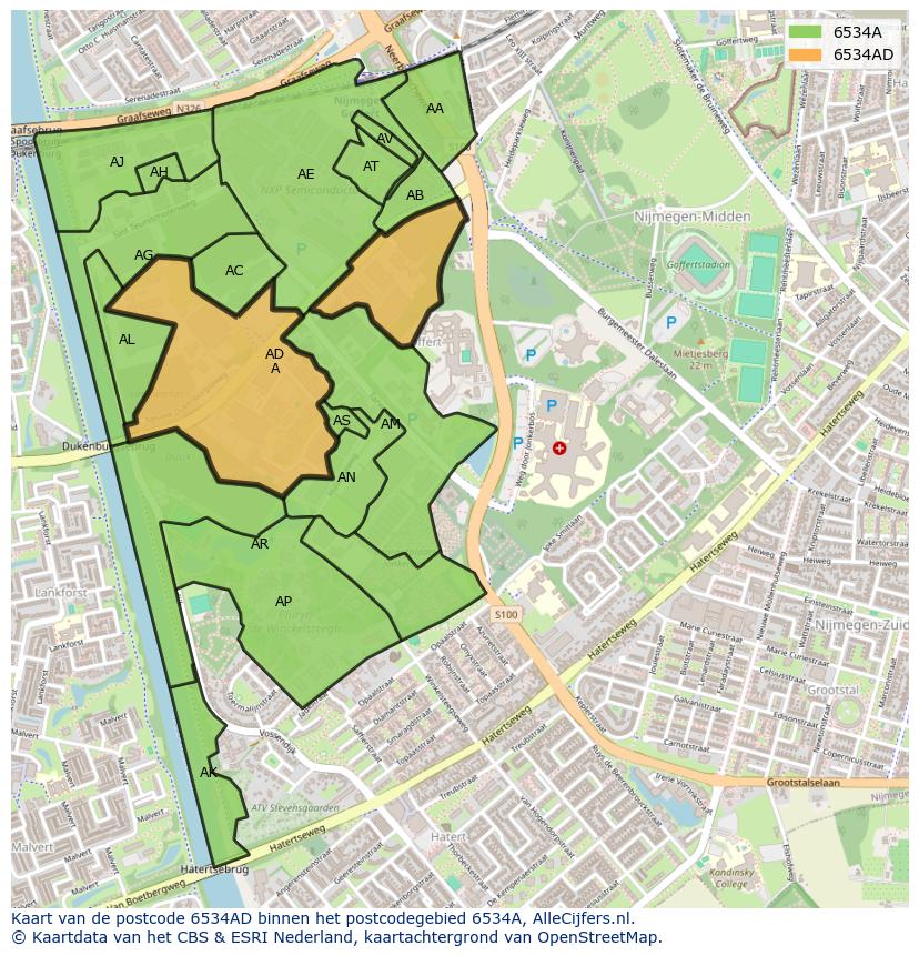 Afbeelding van het postcodegebied 6534 AD op de kaart.