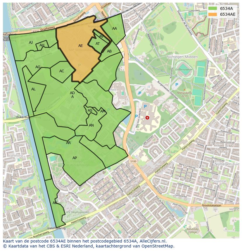 Afbeelding van het postcodegebied 6534 AE op de kaart.