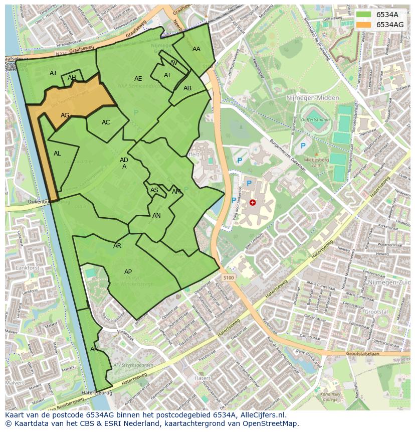 Afbeelding van het postcodegebied 6534 AG op de kaart.