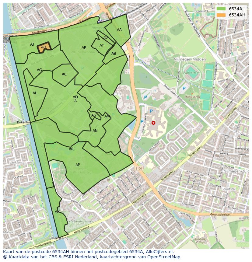 Afbeelding van het postcodegebied 6534 AH op de kaart.