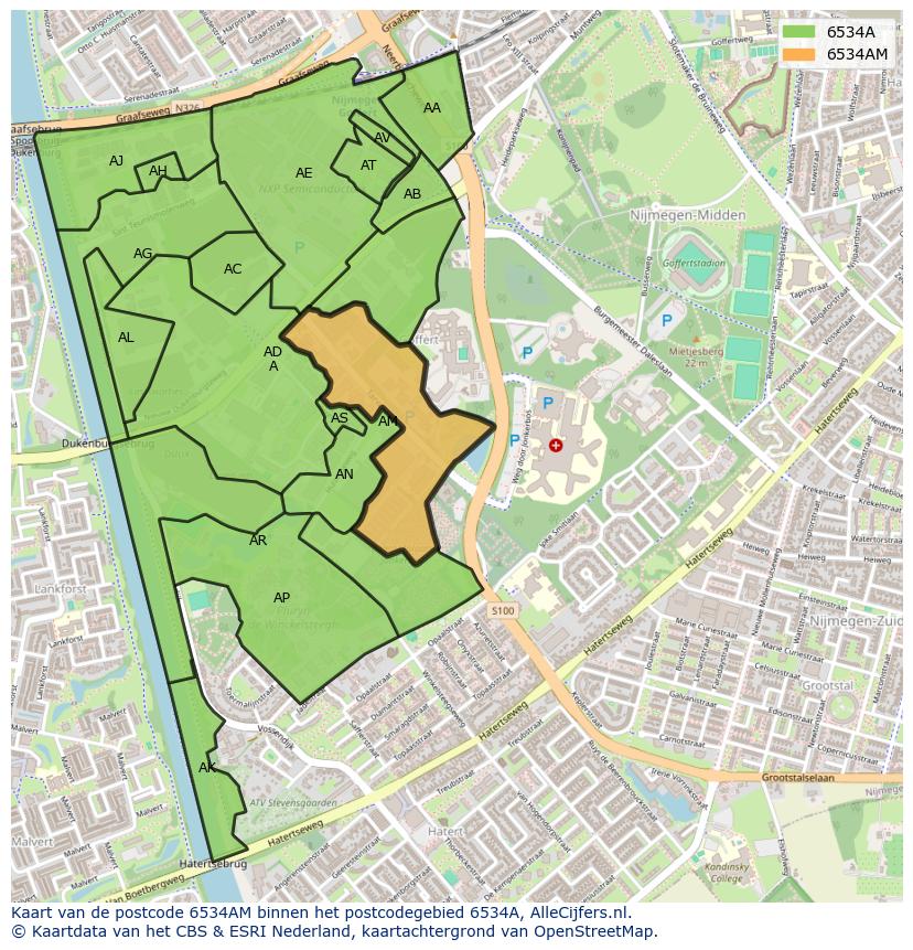 Afbeelding van het postcodegebied 6534 AM op de kaart.