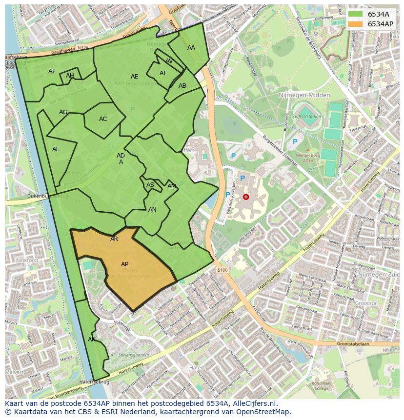Afbeelding van het postcodegebied 6534 AP op de kaart.